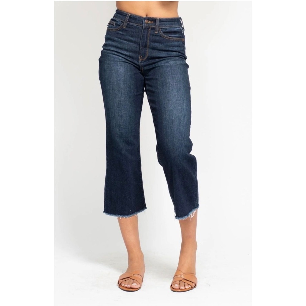 Judy Blue Wide Leg Crop Jeans Dark Wash Raw Hem Size 9/29 JB82517DK
